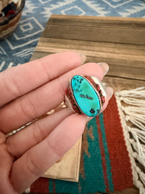 Old Pawn Handcrafted Turquoise, Coral & Sterling Silver Ring Size 14.5