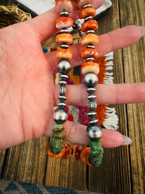 Handcrafted Spiny, Turquoise & Sterling Silver 24” Beaded Necklace by Chimney Butte