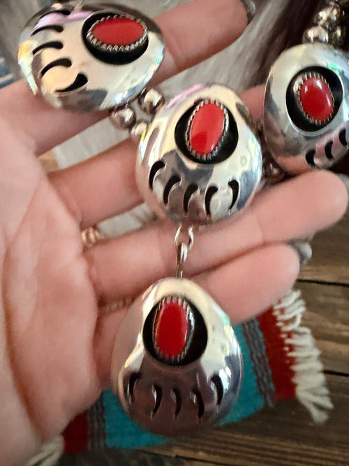 Old Pawn Handcrafted Coral and Nickel Bead Paw Necklace
