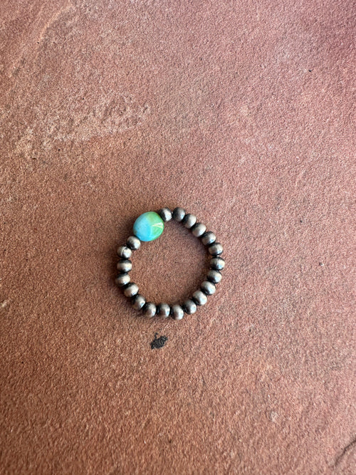 THE VENICE BAND Handmade Sterling Silver Navajo Pearl Style Sonoran Mountain Turquoise Beaded Stretch Ring