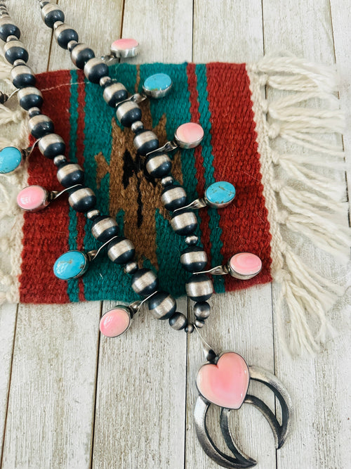 Navajo Queen Pink Conch, Turquoise & Sterling Silver Beaded Squash Blossom Necklace by Chimney Butte