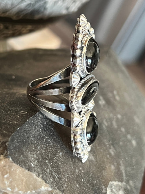Handcrafted Sterling Silver and Black Onyx Ring by Rosella Paxson, Size 7-1/4