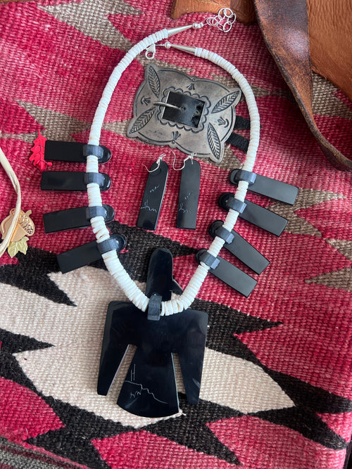 Warren Nieto Inlay Kingman Turquoise and Pipestone Thunderbird Tab Necklace & Earrings Set