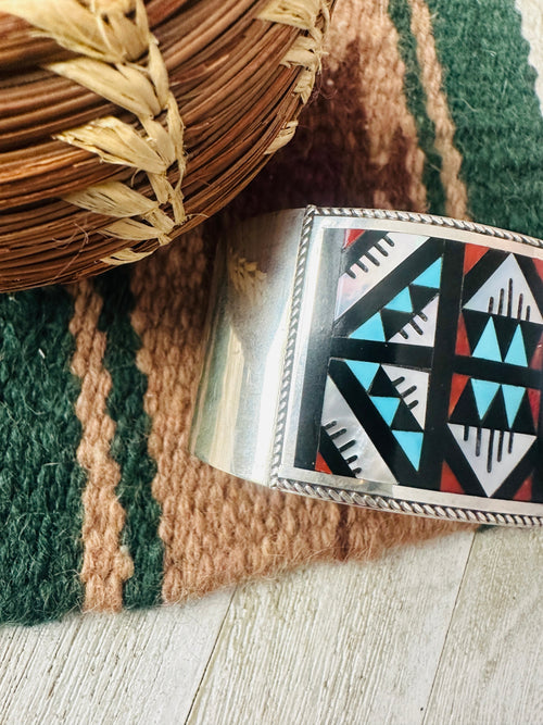 Old Pawn Zuni Multi Stone & Sterling Silver Inlay Cuff Bracelet