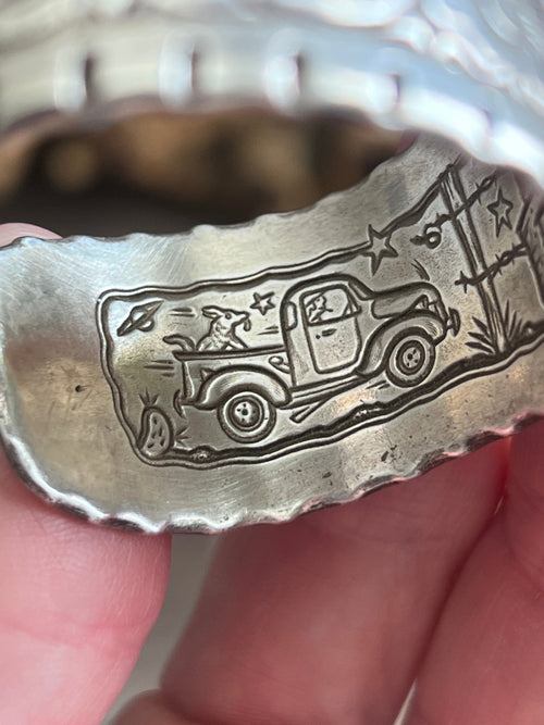 Old Pawn Tooled “Don’t Fence Me In” Sterling Silver Cuff Bracelet by Kit Carson