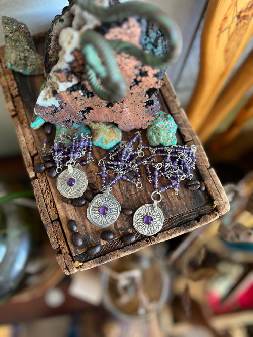 Tularosa Rosary Style Sterling Silver and Amethyst Relic Coin Necklace