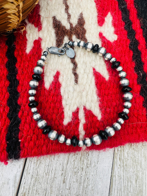 Handcrafted Onyx & Sterling Silver Pearl Beaded Bracelet