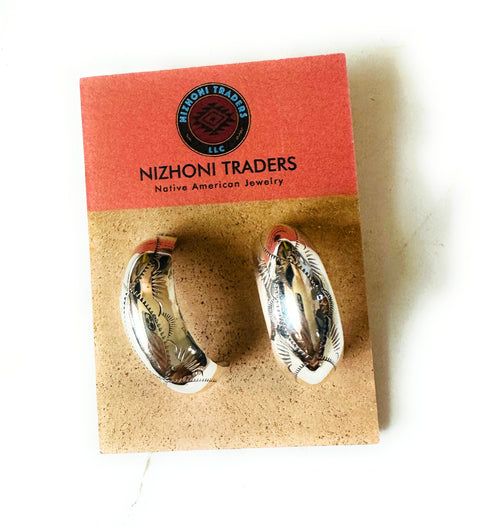 Navajo Hand Stamped Sterling Silver Hoop Earrings