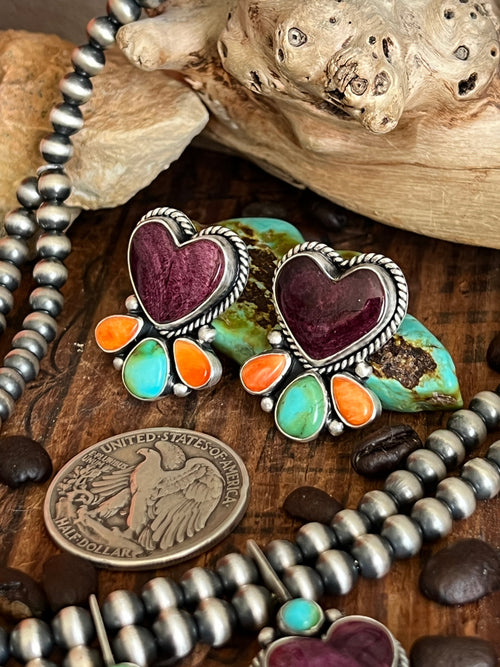 Navajo Made Sterling Silver Electric Rainbow Beaded Heart Cluster Necklace & Earrings Set by Angela Martin
