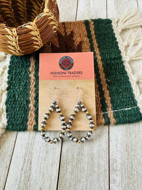 Navajo Gold & Sterling Silver Pearl Beaded Dangle Hoop Earrings
