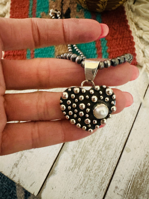 Navajo Freshwater Pearl & Sterling Silver Pearl Beaded Heart Necklace