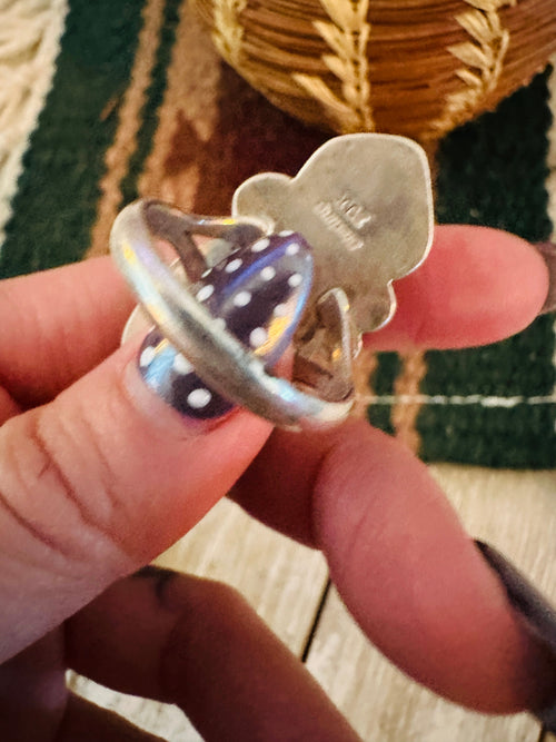 Old Pawn Handcrafted Turquoise, Coral & Sterling Silver Ring Size 10.25