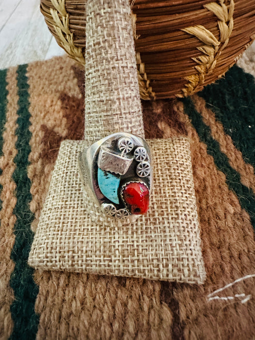 Old Pawn Handcrafted Turquoise, Coral & Sterling Silver Ring Size 12.5