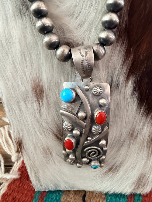 Handcrafted Turquoise, Coral & Sterling Silver Beaded Necklace by Debra Smith