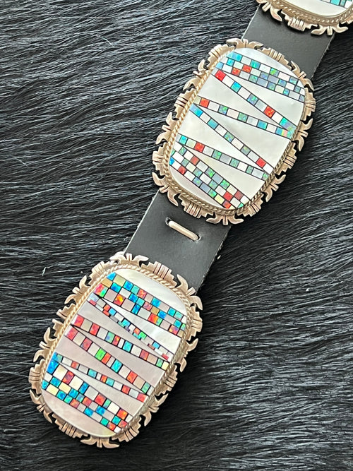 Tremendous Old Pawn Handcrafted Sterling Silver, Mother of Pearl and Opal Inlay Concho Belt by Albert Francisco