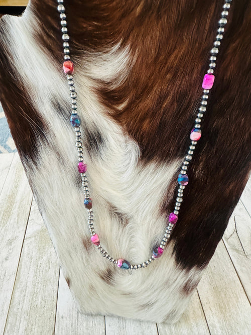 Navajo Sterling Silver & Pink Dream Mojave  Beaded 24” Necklace
