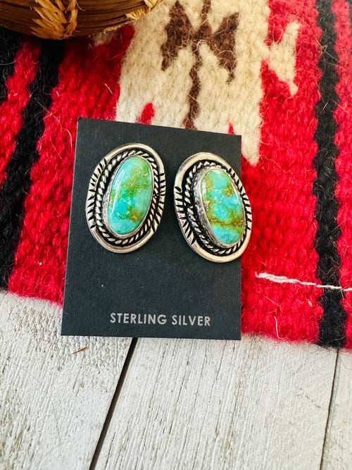 Navajo Sonoran Mountain Turquoise & Sterling Silver Stud Earrings Signed