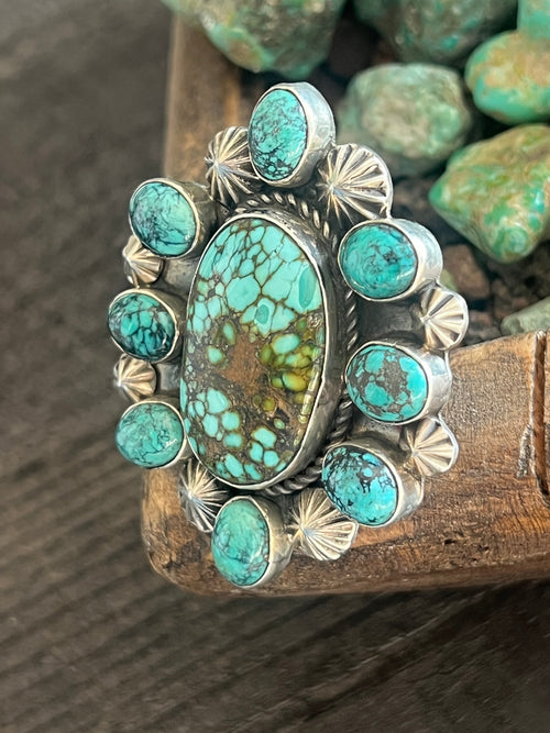 Apache Sterling Silver and Hubei Turquoise Cluster Ring by Rosella Paxson, Size 8.75