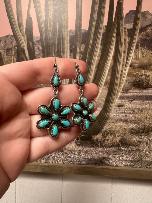 Handmade Turquoise And Sterling Silver Flower Dangle Earrings