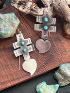 Hand Stamped Sterling Silver Dragonfly Cross Heart Dangle Earrings with Kingman Turquoise by Kimari Somers, Squared Bars
