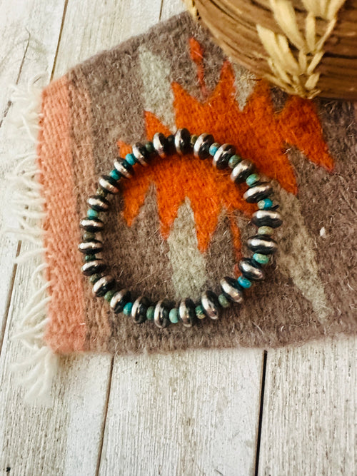 Navajo Turquoise & Sterling Silver Pearl Beaded Stretch Bracelet