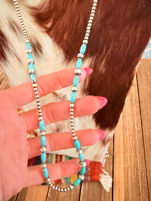 Handcrafted Turquoise & Sterling Silver Pearl 24” Beaded Necklace