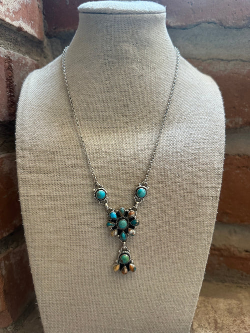 Handmade Turquoise, Spice & Sterling Silver Cluster Necklace