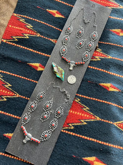 Handcrafted Sterling Silver and Mediterranean Coral Steer Head Concho Necklace & Earrings by Kevin Billah