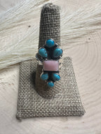 Beautiful Handmade Turquoise, Pink Conch And Sterling Silver Adjustable Ring 2