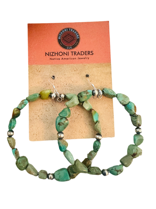 Navajo Turquoise and Sterling Silver Beaded Dangle Hoop Earrings