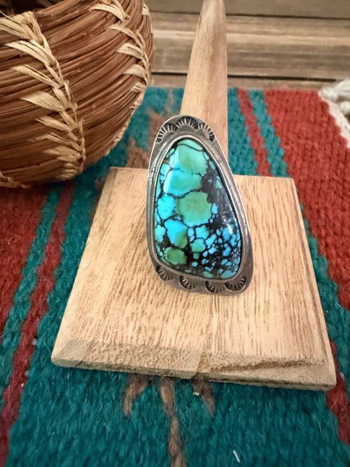 Old Pawn Handcrafted Hubei Turquoise & Sterling Silver Ring Size 10.25