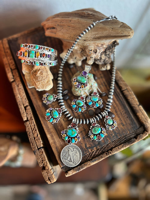 Navajo Made Sterling Silver Gems & Jewels Beaded Cluster Necklace and Earrings Set by Dianne Wylie