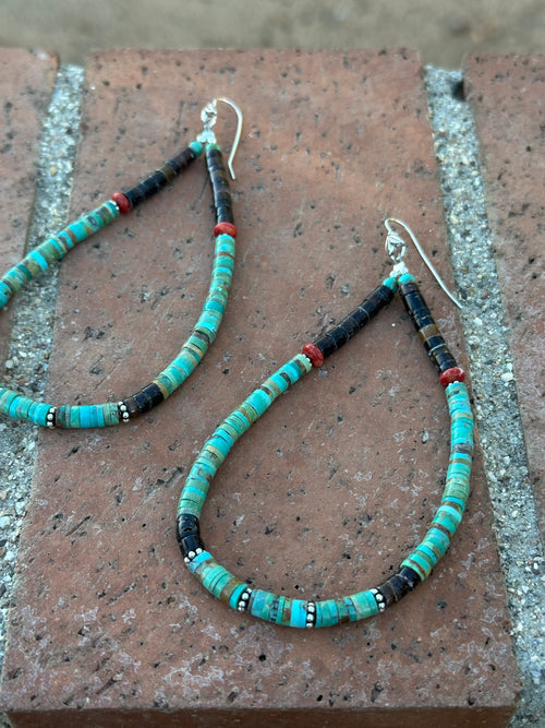 Handmade Turquoise & Heishi Beaded Hoop Earrings 5”