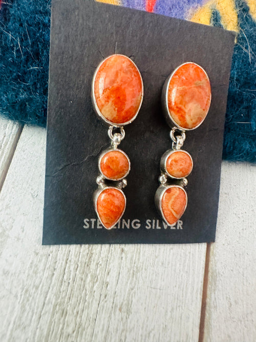 Navajo Sterling Silver Apple Coral Dangle Earrings