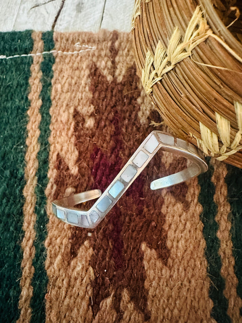 Old Pawn Navajo Mother of Pearl & Sterling Silver Inlay Cuff Bracelet