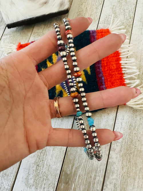 Navajo Sterling Silver, Spiny Oyster & Turquoise Beaded Necklace