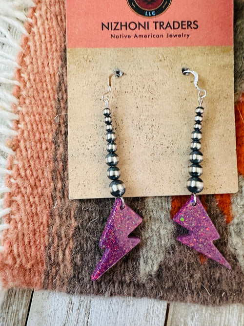 Summer Lovin’ Navajo Sterling Silver Pearl Beaded Fire Opal Lightning Bolt Dangle Earrings