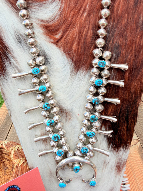 Handcrafted Sterling Silver & Kingman Turquoise Squash Blossom Necklace Set