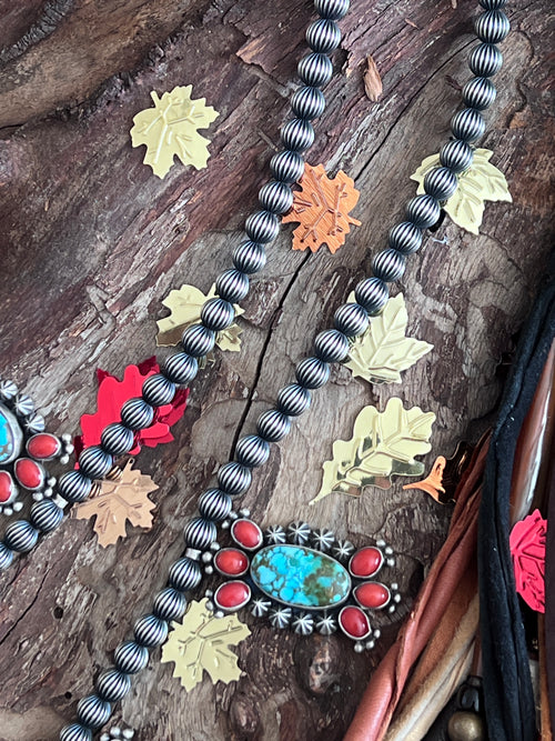 Taos Collection: Handcrafted Sterling Silver, Kingman Turquoise & Mediterranean Red Coral Necklace by Mark Yazzie