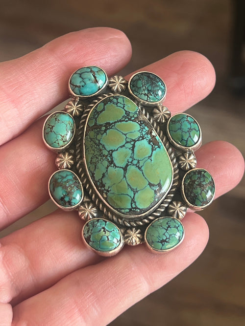 Apache Sterling Silver and Hubei Turquoise Cluster Ring by Rosella Paxson, Size 8.5