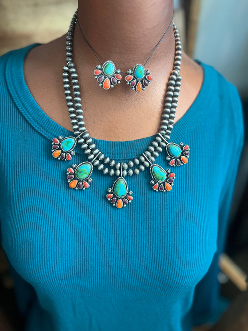 Navajo Made Sterling Silver Electric Rainbow Beaded Cluster Necklace & Earrings Set by Angela Martin