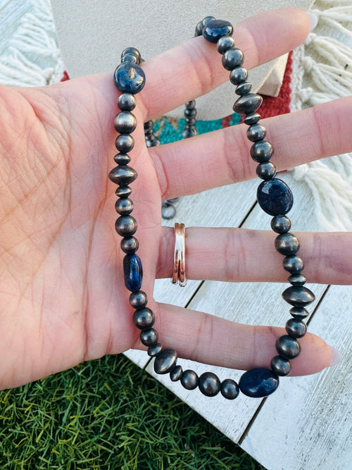 Sterling Silver Pearl & Lapis 18” Beaded Necklace