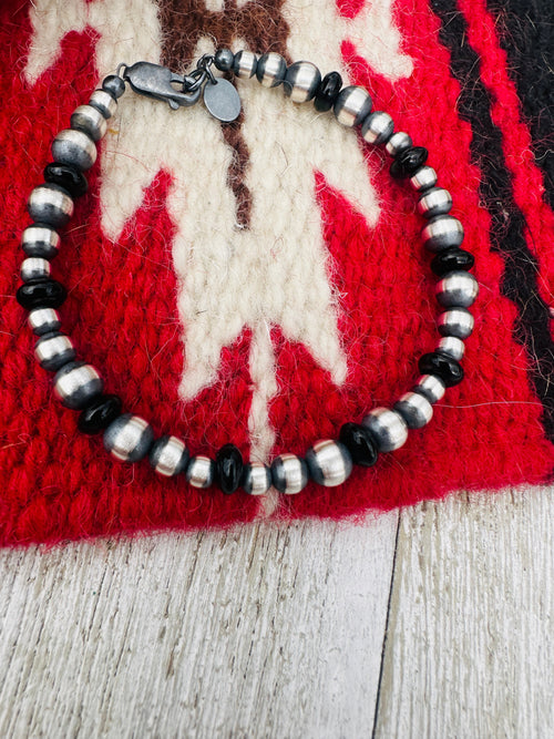 Handcrafted Onyx & Sterling Silver Pearl Beaded Bracelet