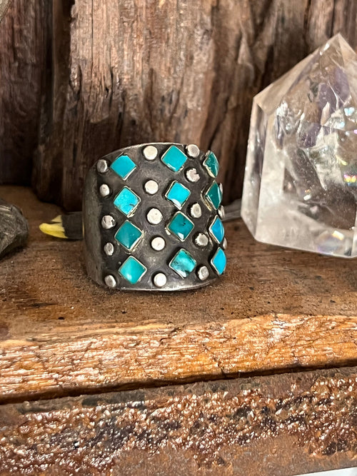 Old Pawn Sterling Silver and Diamond Turquoise Snake Eye Cigar Band Style Ring, Size 10.5