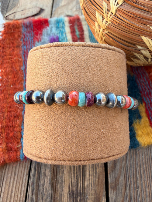 Handcrafted Spiny Oyster, Turquoise & Sterling Silver Beaded Stretch Bracelet