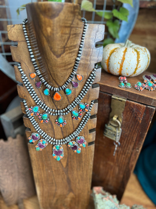 Navajo Made Sterling Silver Electric Rainbow Beaded Heart Cluster Necklace & Earrings Set by Angela Martin