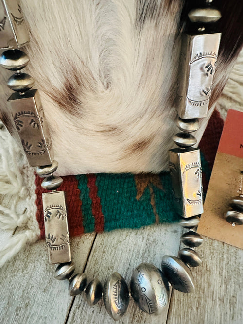Navajo Hand Stamped Sterling Silver Beaded Necklace & Earring Set