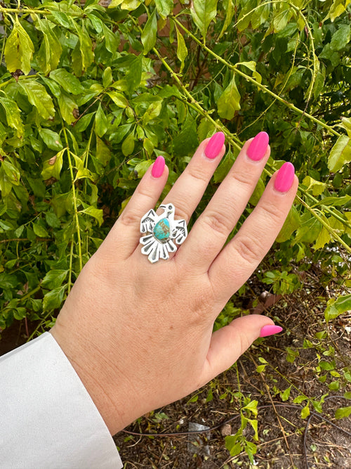 Handmade Number 8 Turquoise And Sterling Silver Thunderbird Adjustable Ring