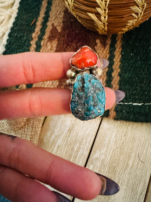 Old Pawn Handcrafted Turquoise, Coral & Sterling Silver Ring Size 10.25