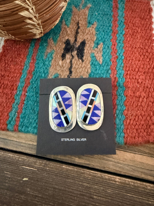 Old Pawn Handcrafted Sterling Silver & Multi Stone Inlay Post Earrings